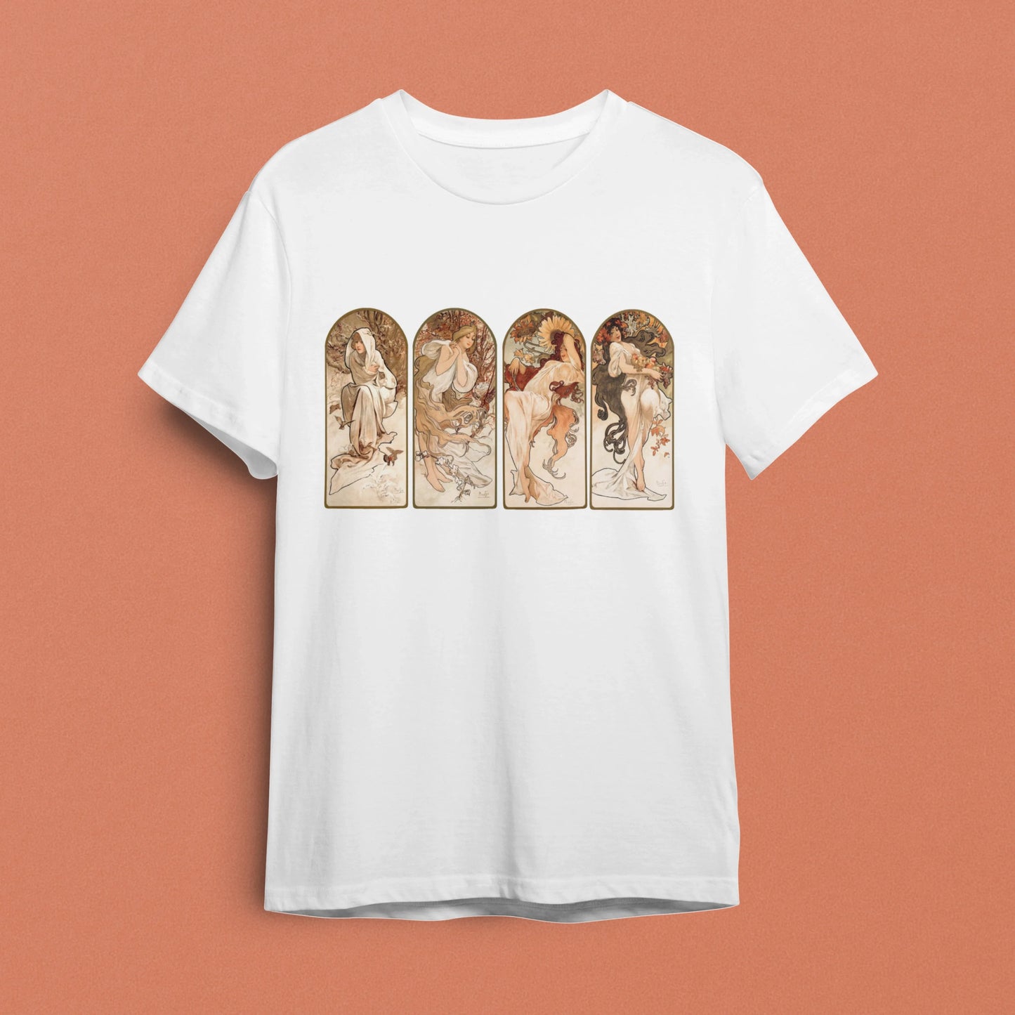 "Alphonse Mucha - Mevsimler" Art Nouveau Zarafeti Tişörtü - B-Shirt - Tişört Tasarım Atölyesi