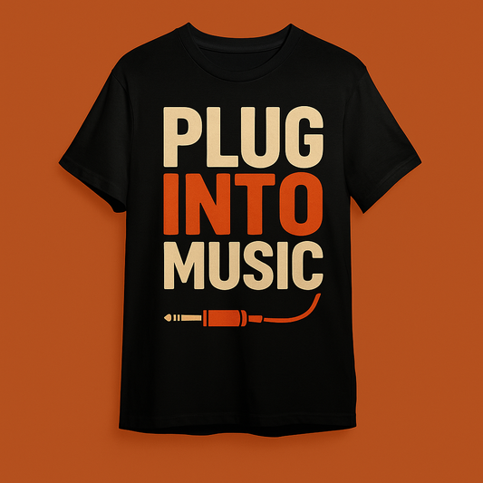 "Plug Into Music - Müziğe Bağlan!" Retro Gitar Temalı Tişört