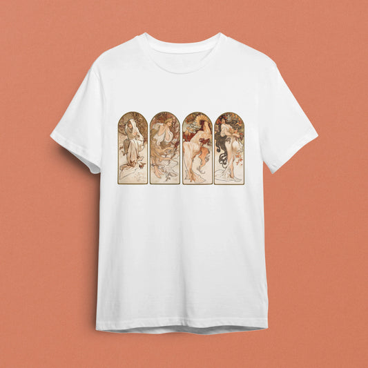 "Alphonse Mucha - Mevsimler" Art Nouveau Zarafeti Tişörtü - B-Shirt - Tişört Tasarım Atölyesi