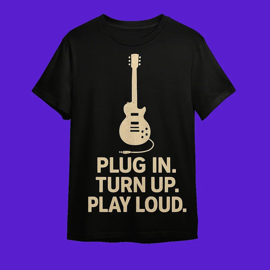 "Plug In. Turn Up. Play Loud." Gitar Ruhu Retro Tişört - B-Shirt - Tişört Tasarım Atölyesi