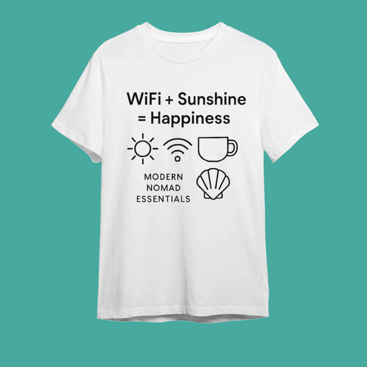 WiFi + Sunshine = Happiness" Dijital Göçebe Tişörtü - B-Shirt - Tişört Tasarım Atölyesi