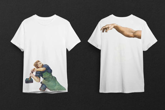 "Yaratılışın Çekici - Tanrı Eli ve Demirci" Sanatsal Tasarım Tişörtü - B-Shirt - Tişört Tasarım Atölyesi