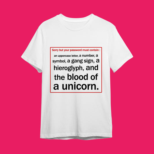 Password Must Contain Unicorn Blood" Teknoloji Mizah Tişörtü